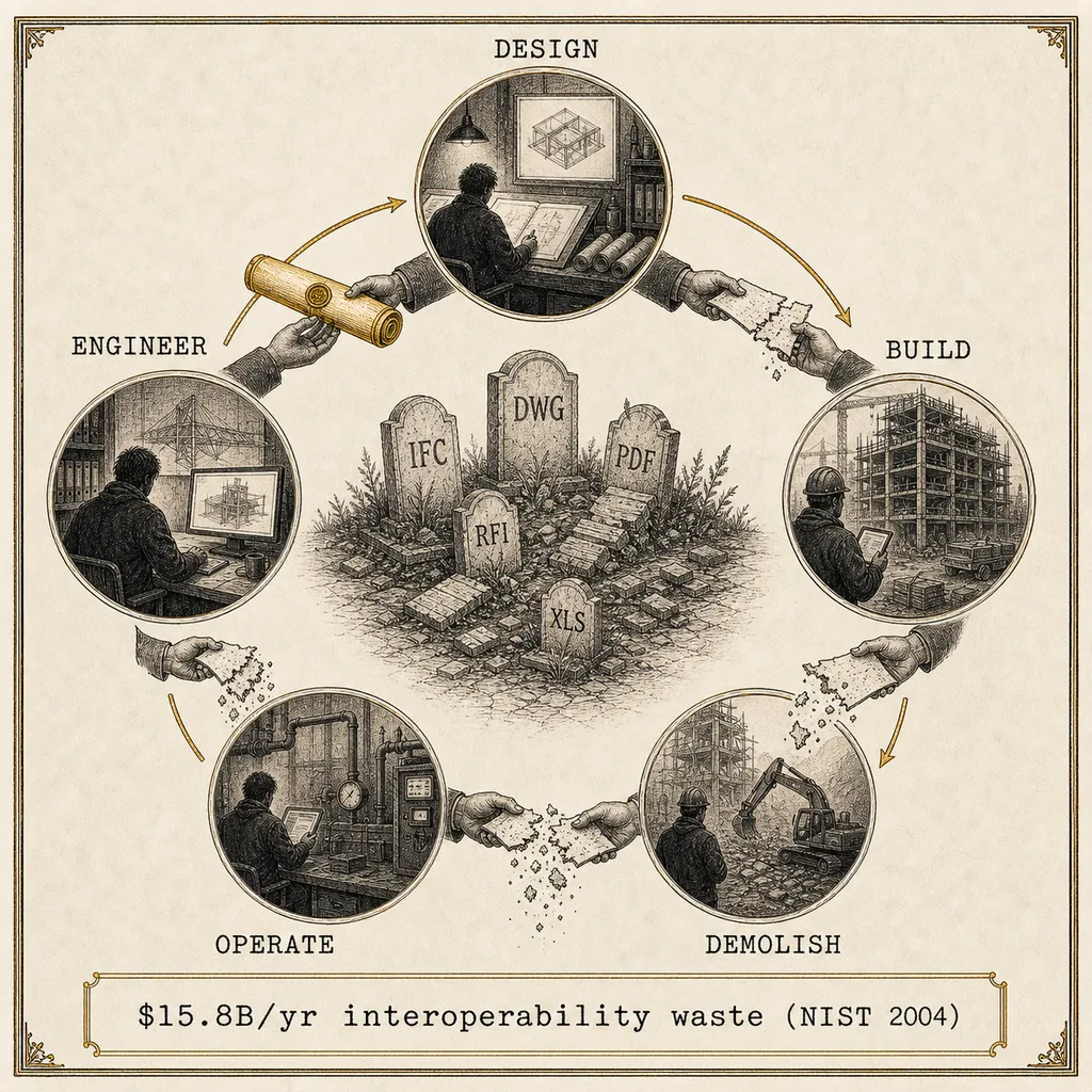 Data that dies at every handover — the interoperability gap.